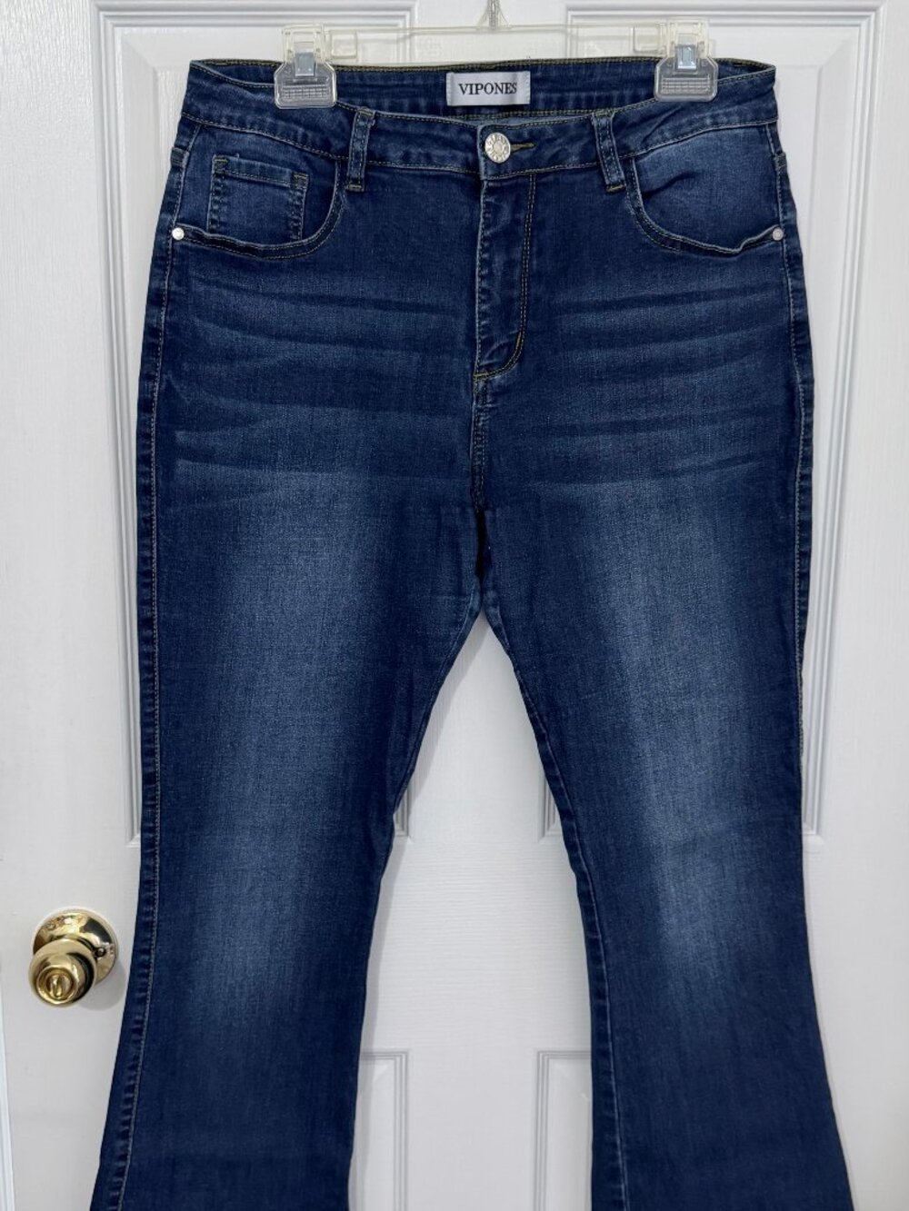 VERY NICE VIPONES WIDE LEG FLARE DENIM JEANS - SIZE 12 - STRETCH - FRINGE BOTTOM